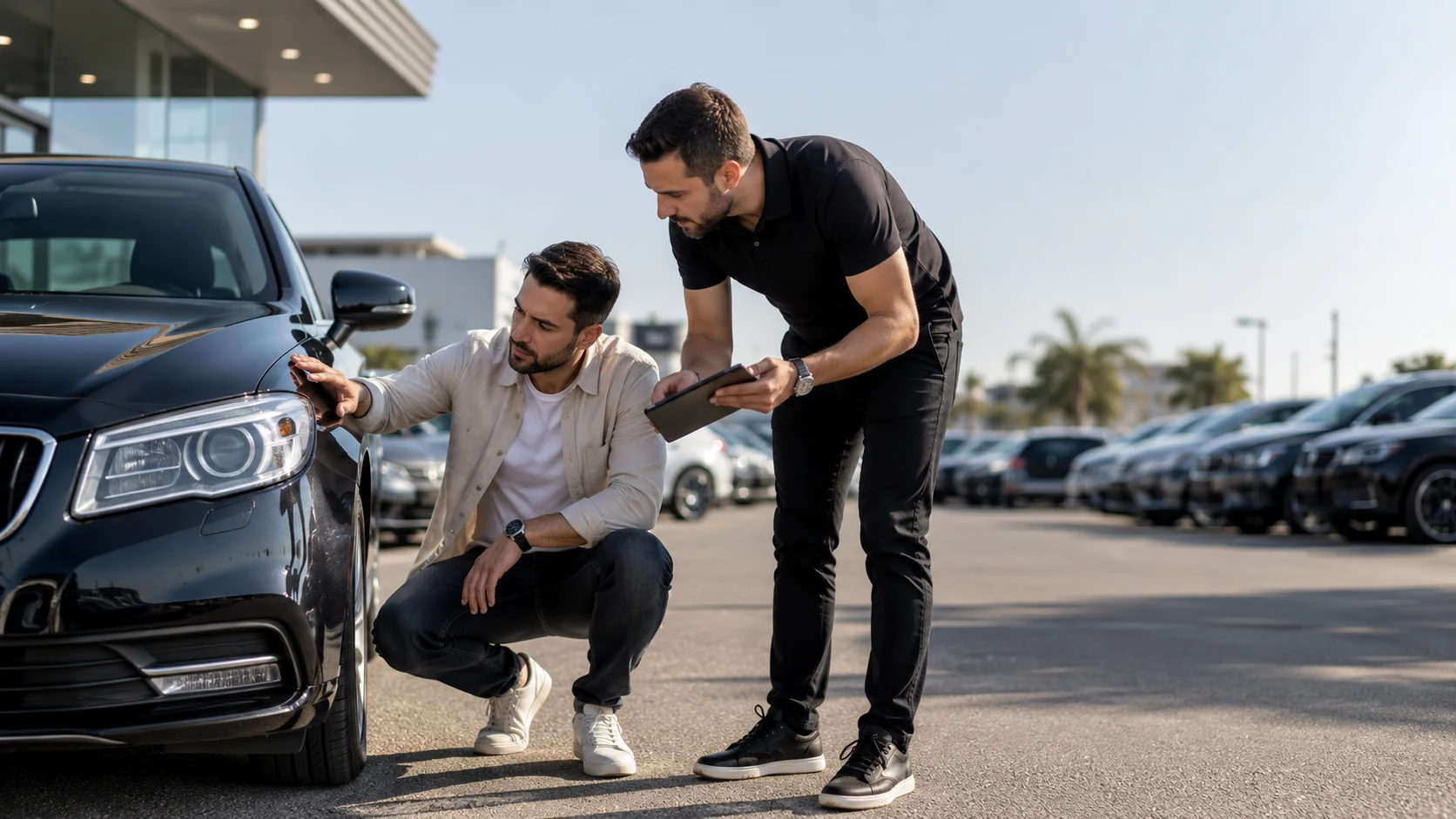 קונה ואיש מקצוע בודקים רכב יד שנייה לפני רכישה